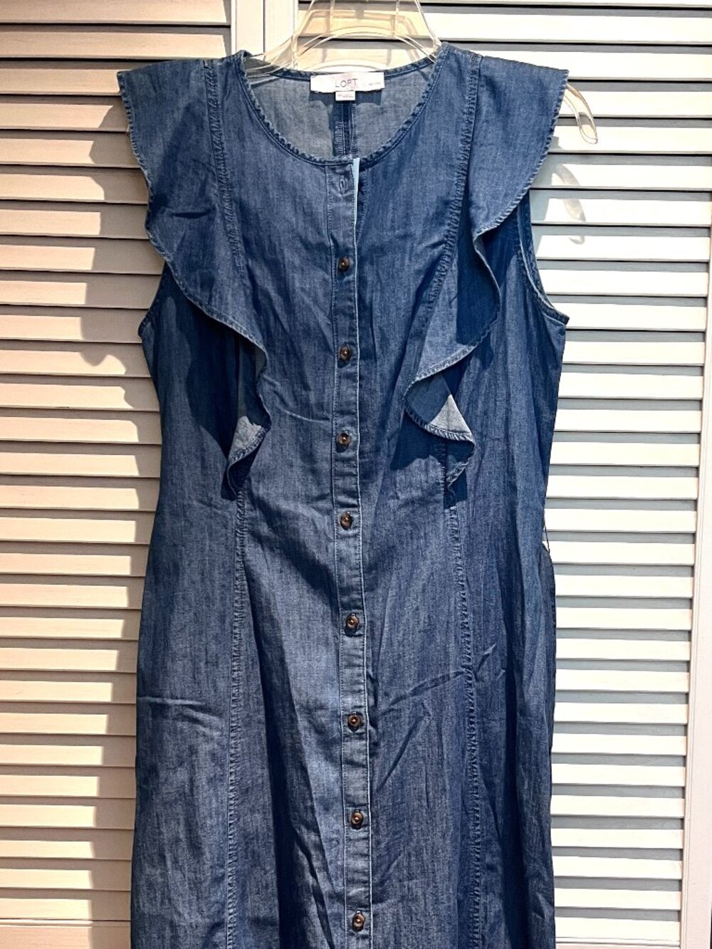NWT LOFT blue denim midi dress 8P ruffle detail tie waist sleeveless